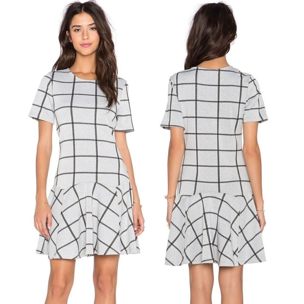 Bishop + Young Gray And Black Plaid Ruffled Hem Charlotte Knit Mini Dress Size S